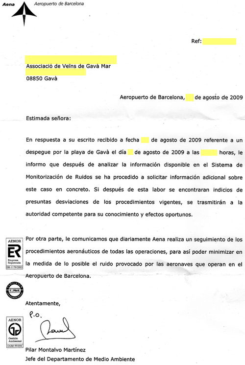 Respuesta del Departamento de Medio Ambiente de AENA a una queja por un giro mal hecho despus de un despegue desde la tercera pista del aeropuerto de Barcelona-El Prat (Agosto de 2009)